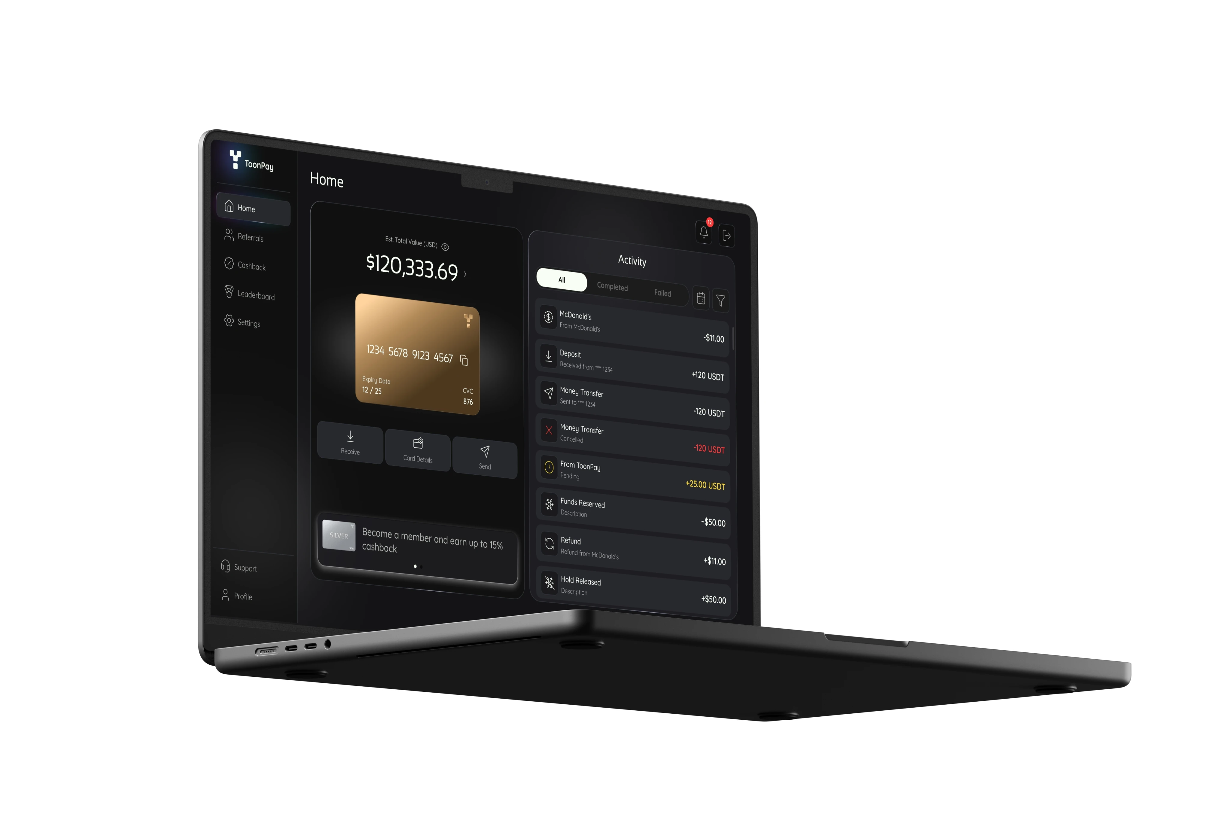 ToonPay crypto wallet dashboard on MacBook