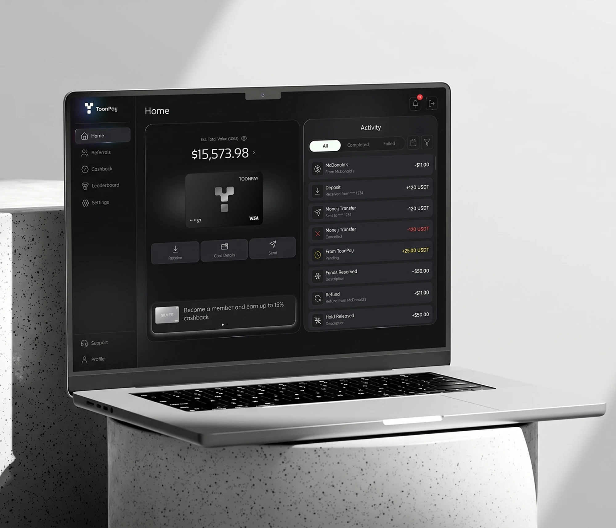 Crypto wallet web dashboard on laptop