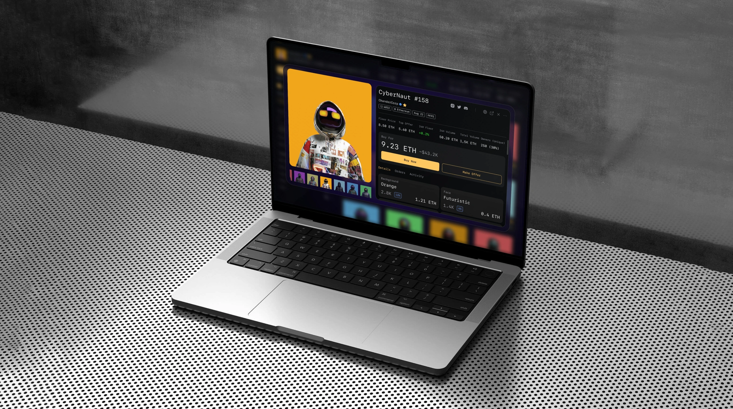 CyberNaut NFT marketplace dashboard on MacBook
