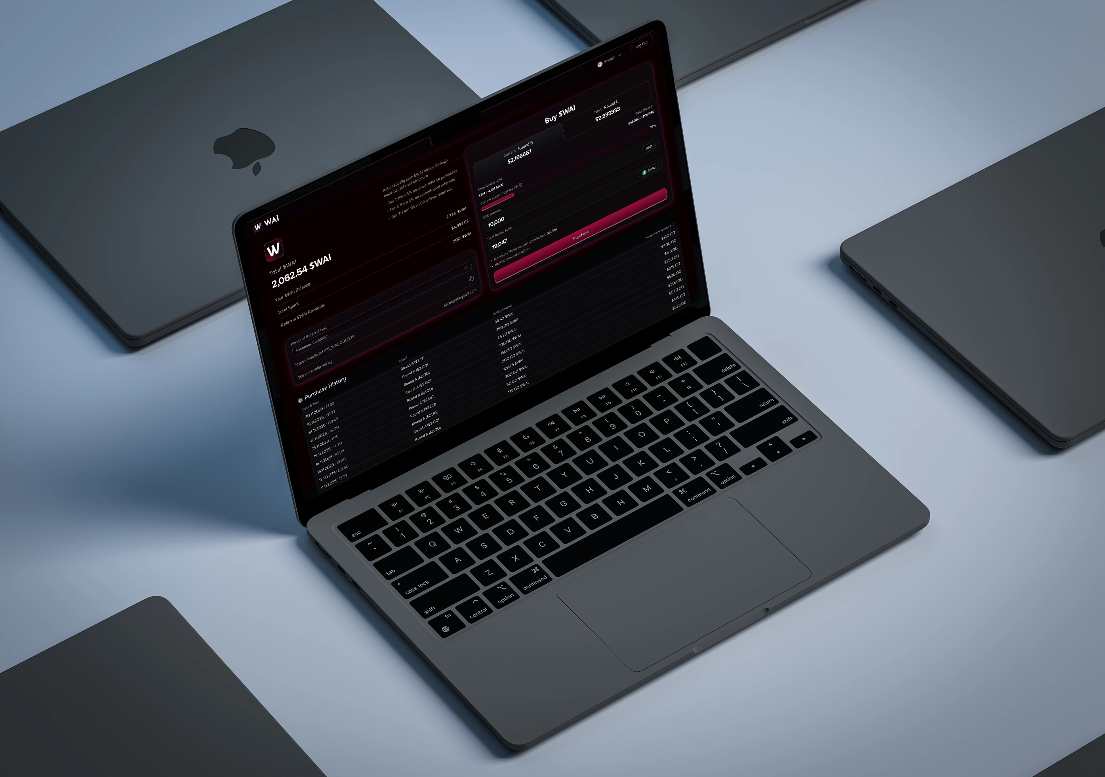 WAI blockchain token dashboard on MacBook