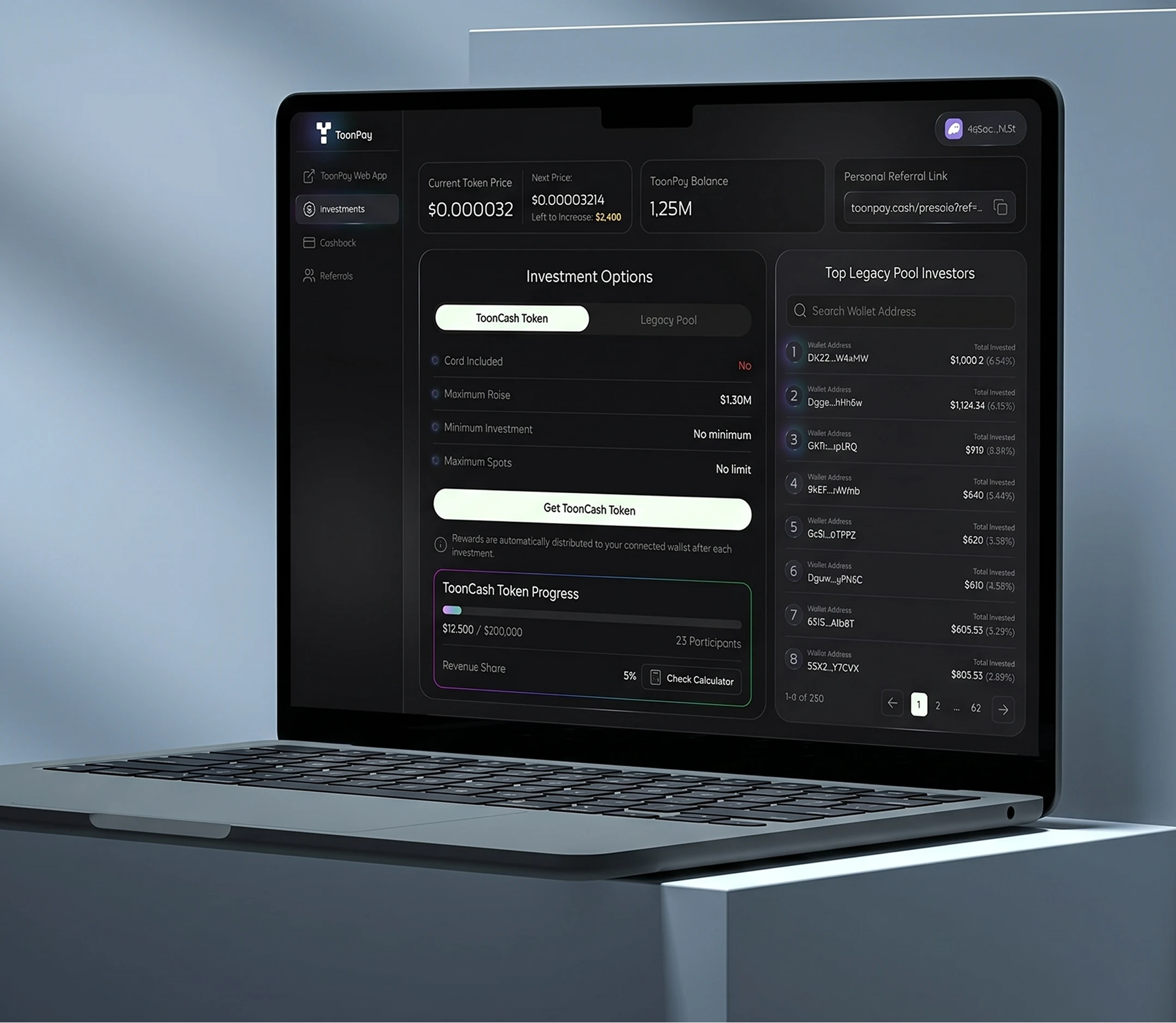 ToonPay DeFi investment dashboard on MacBook