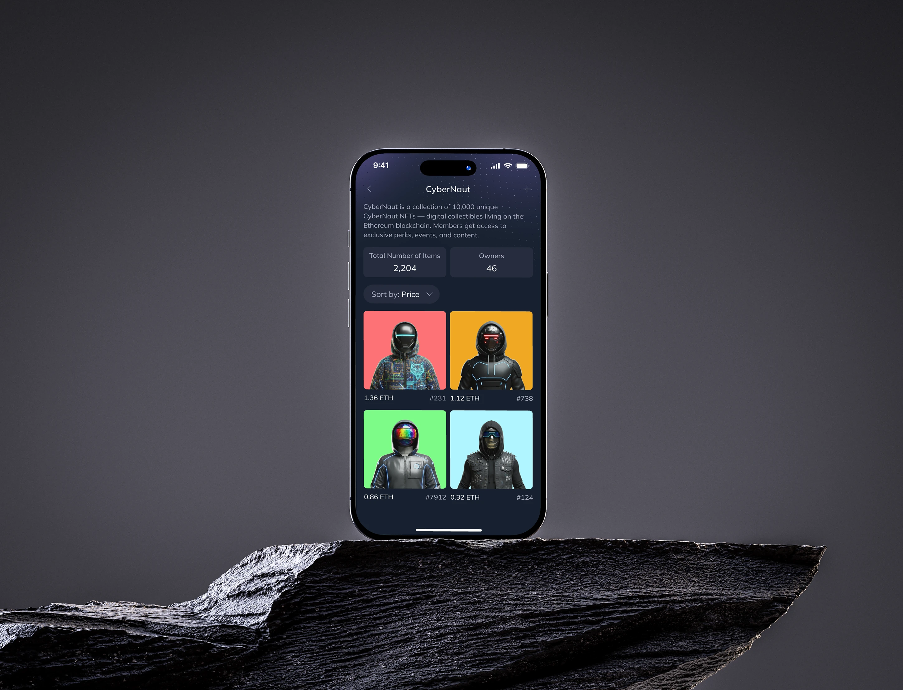 CyberNaut NFT marketplace app on iPhone