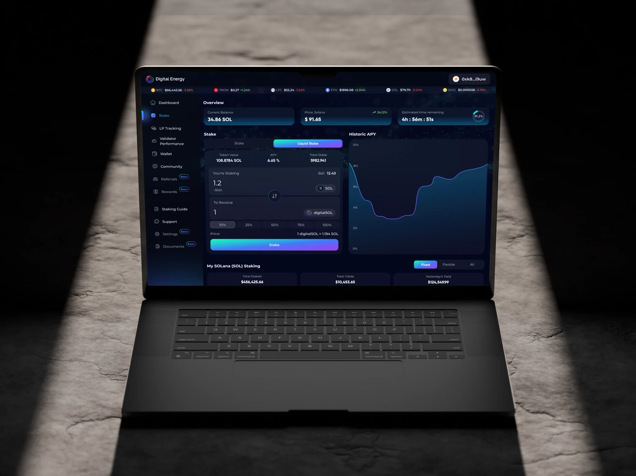 Digital Energy — Solana staking dashboard on laptop