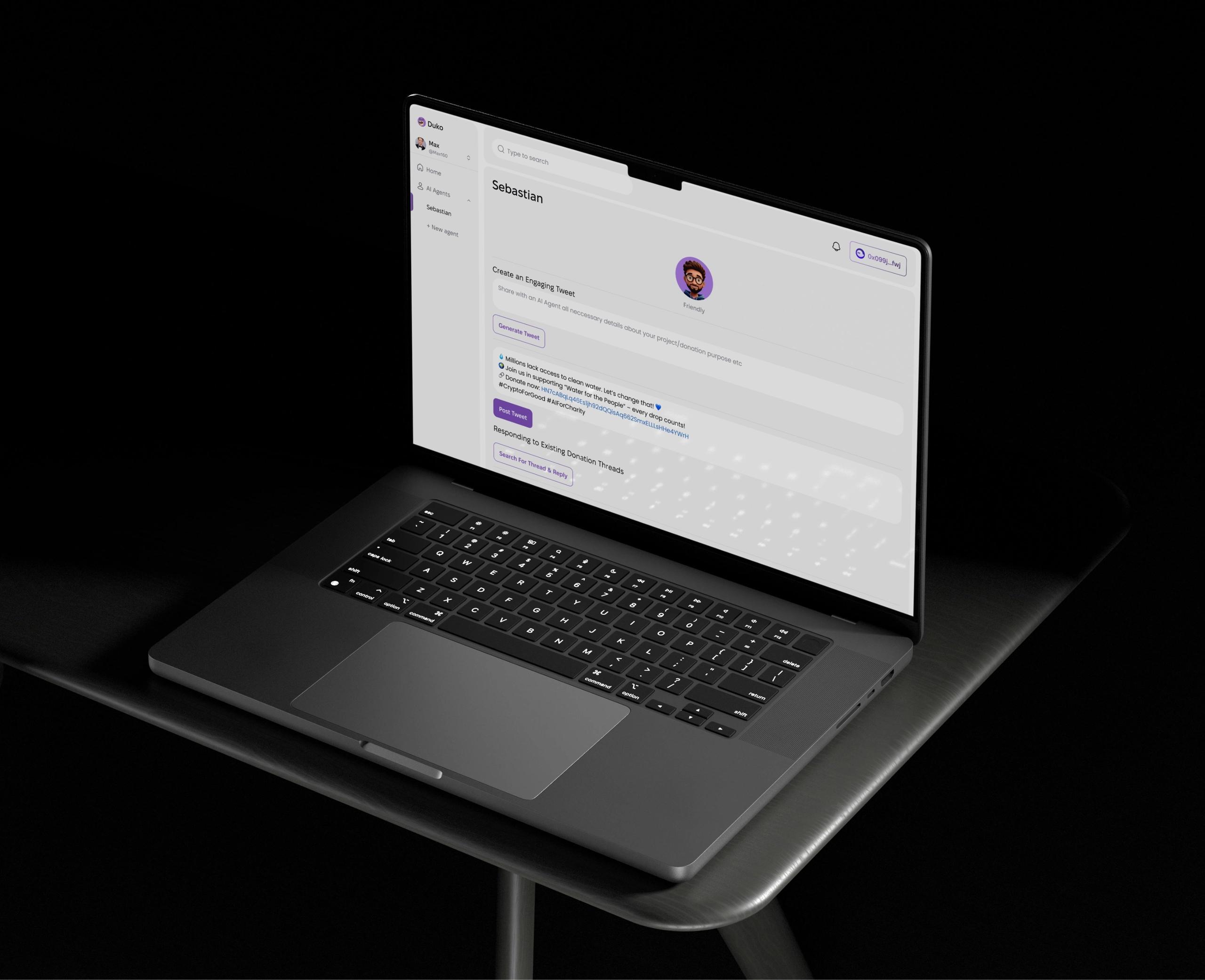 Duko AI — laptop mockup on dark desk
