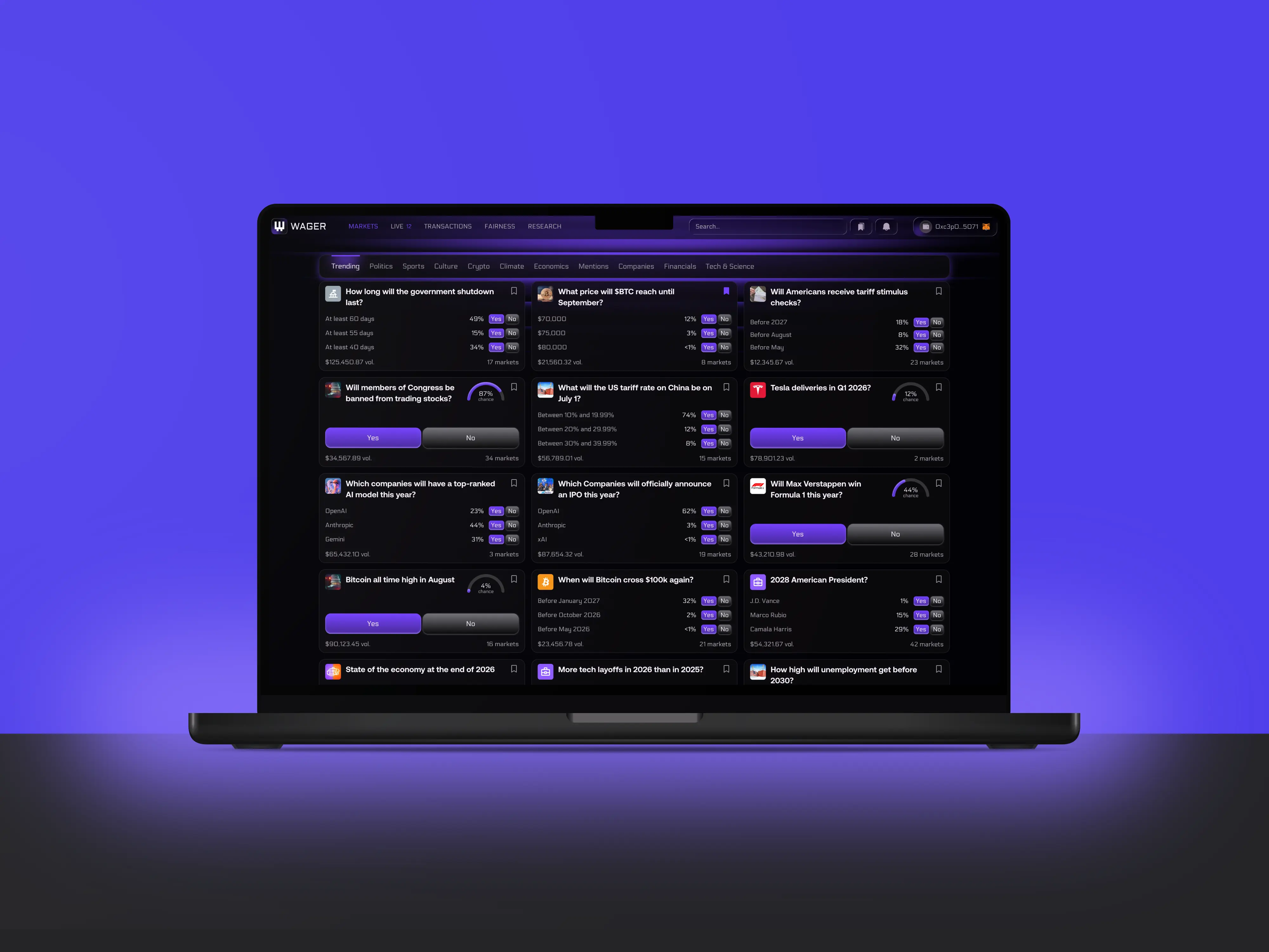 Prediction Market — MacBook Pro mockup on leather chair