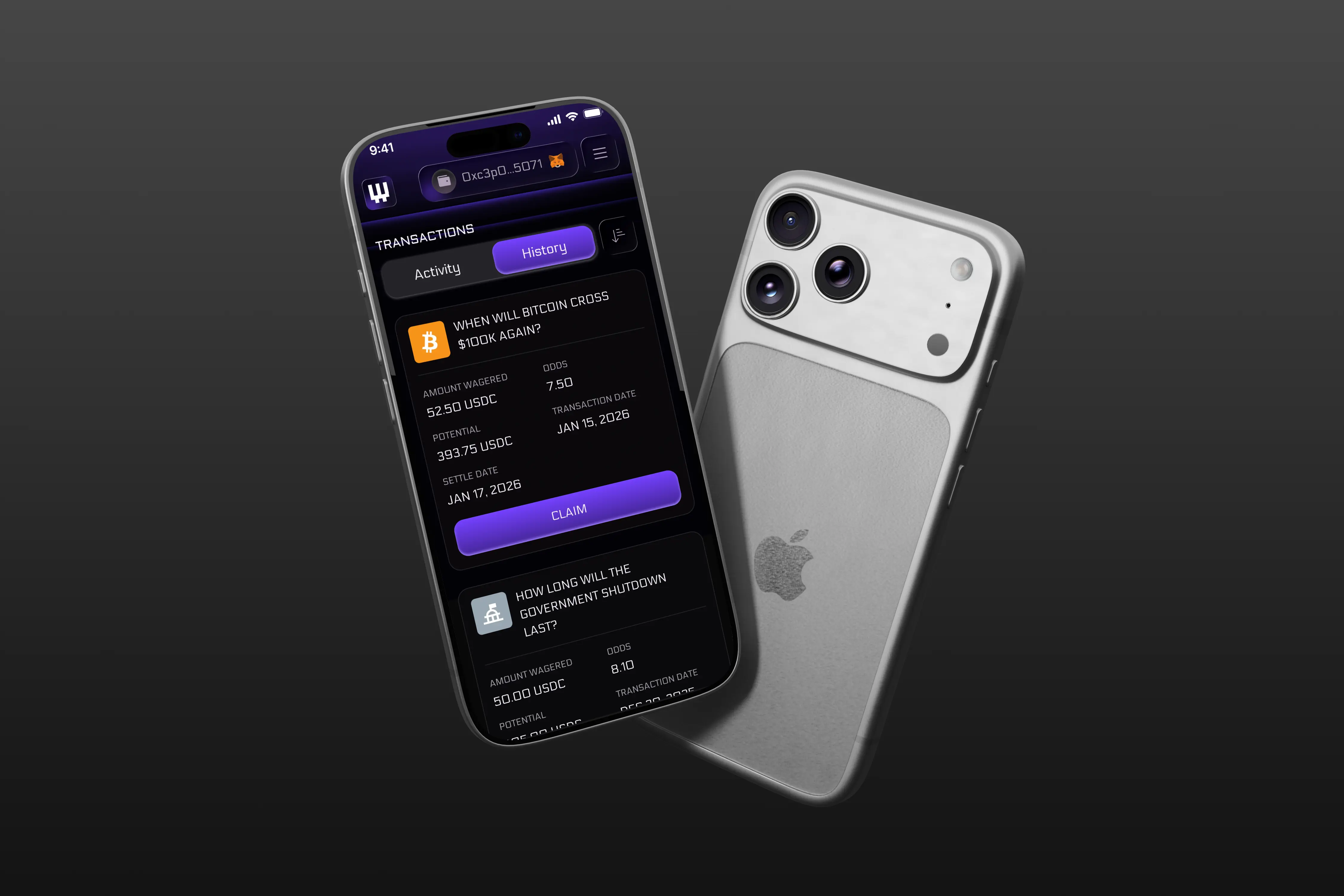 Crypto prediction market platform — Wager forecasting dashboard on iPhone