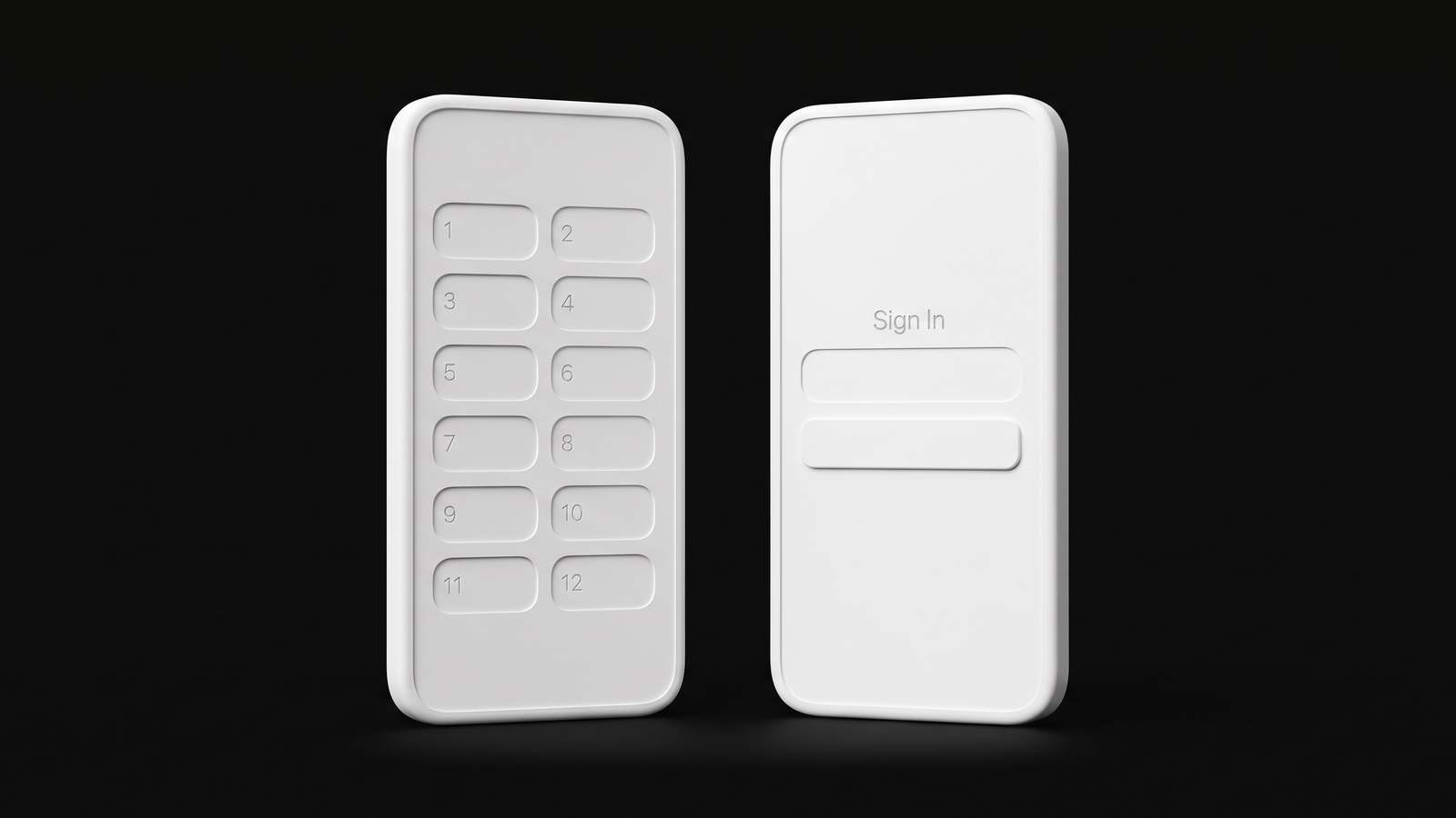 Two phone models side by side: the left screen filled with twelve numbered blanks for a seed phrase, the right screen showing a single sign-in field and one button.