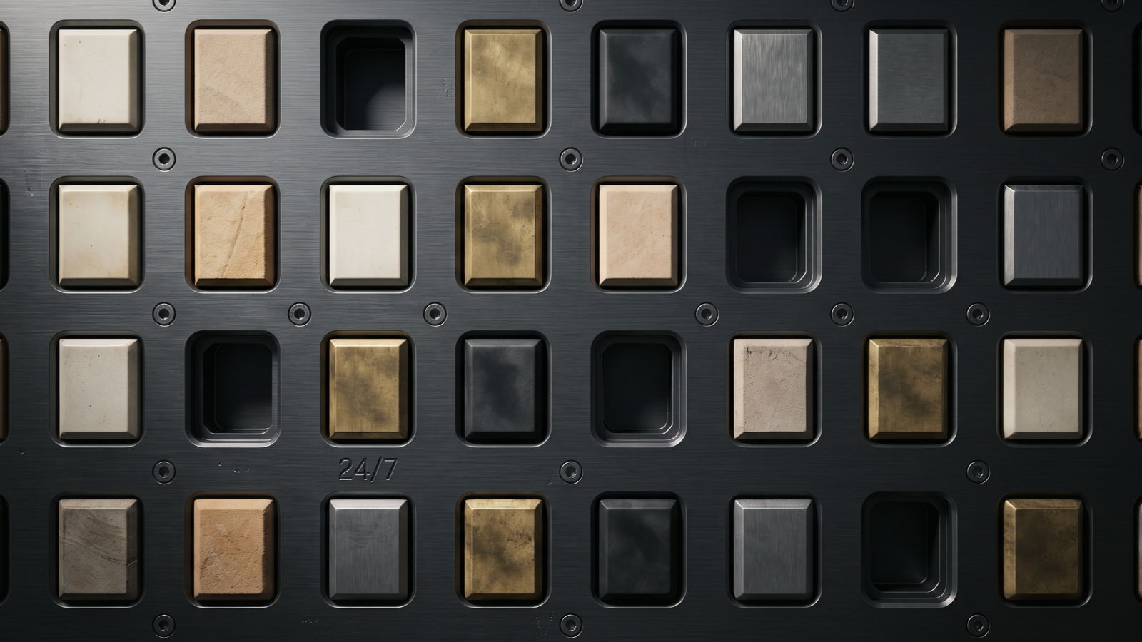 A dark metal panel with a grid of identical sockets running past every edge of the frame. Most hold modules of different materials — stone, brass, steel, ceramic — and several sockets sit empty. The panel is engraved 24/7.