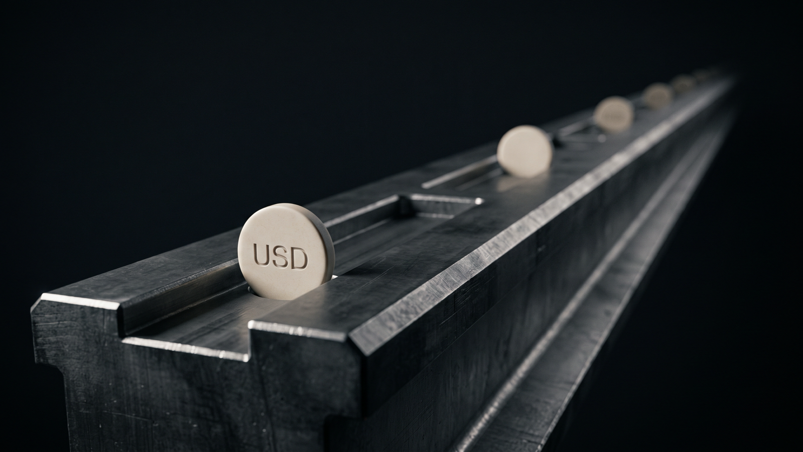 A long dark steel guide rail receding into the distance, carrying a row of small pale discs. The nearest disc, in sharp focus, is engraved USD.